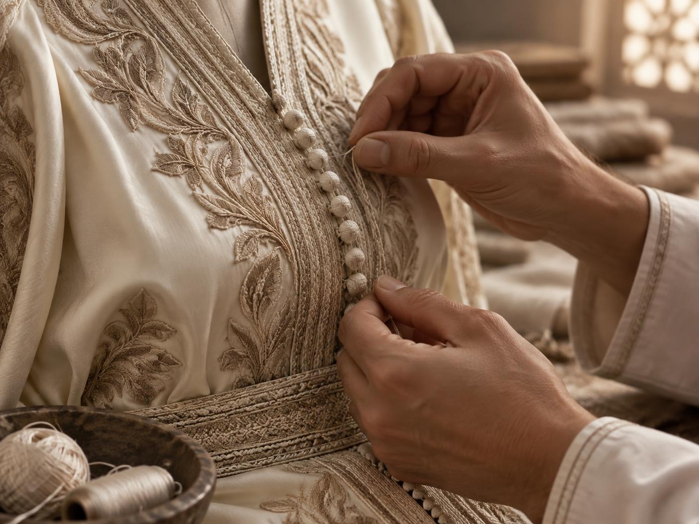 Close detail of hand-finished embroidery